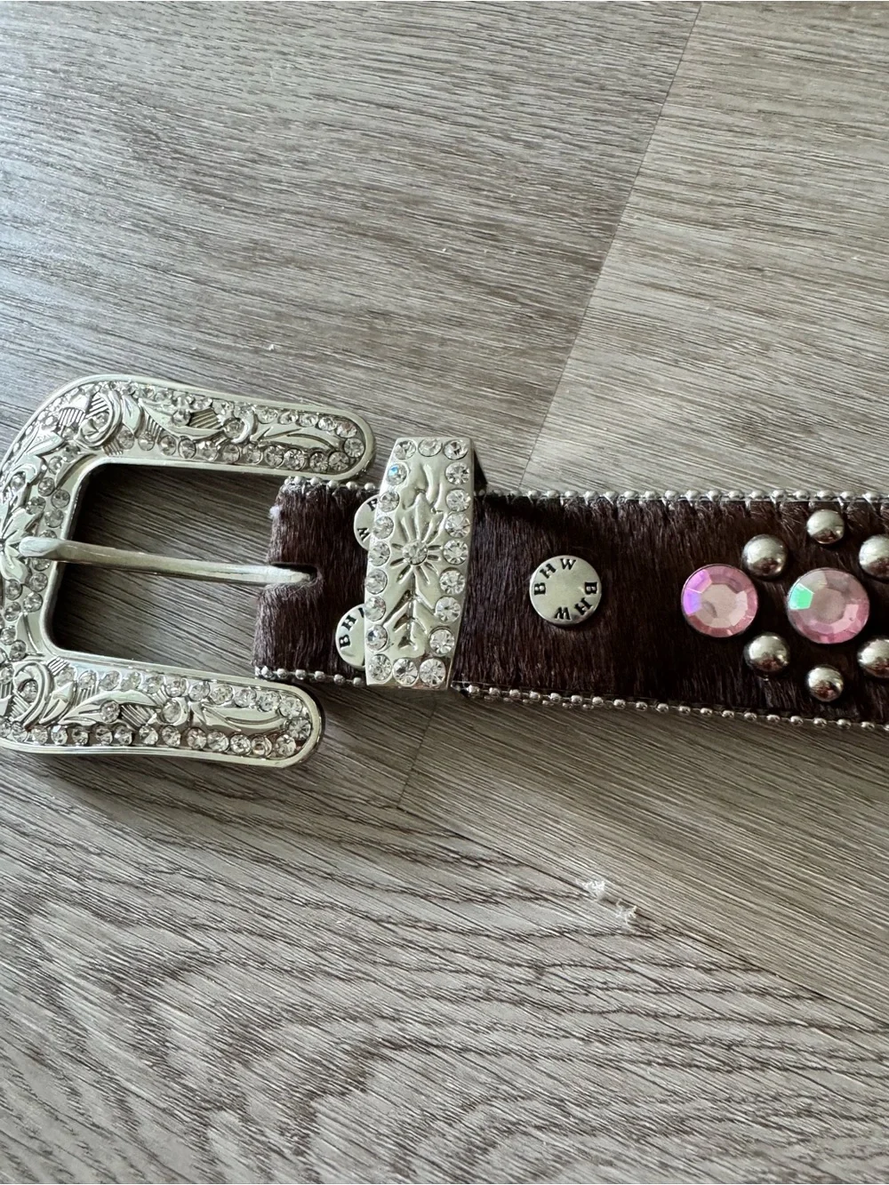 Embellished Western-Style Brown Leather Belt with Rhinestone Buckle